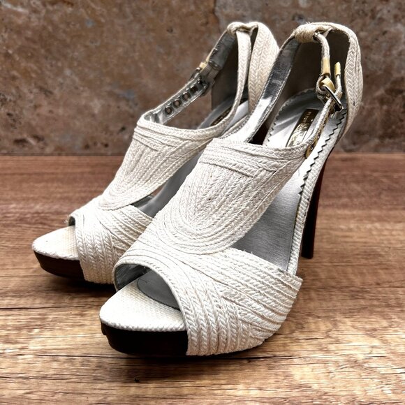 Report Signature Heels Women Sz 7.5 White Leather Dress Platform Raffia Textured - Picture 1 of 10